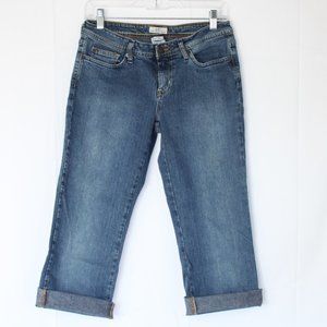 SO JUNIORS CAPRI DENIM JEANS SZ 5 TALL RAW CUT HEM STRETCH FLARE LOW RISE K208